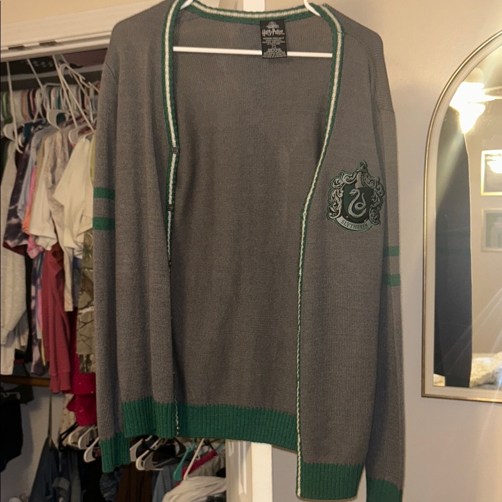 Gray and Green Slytherin logo sweater